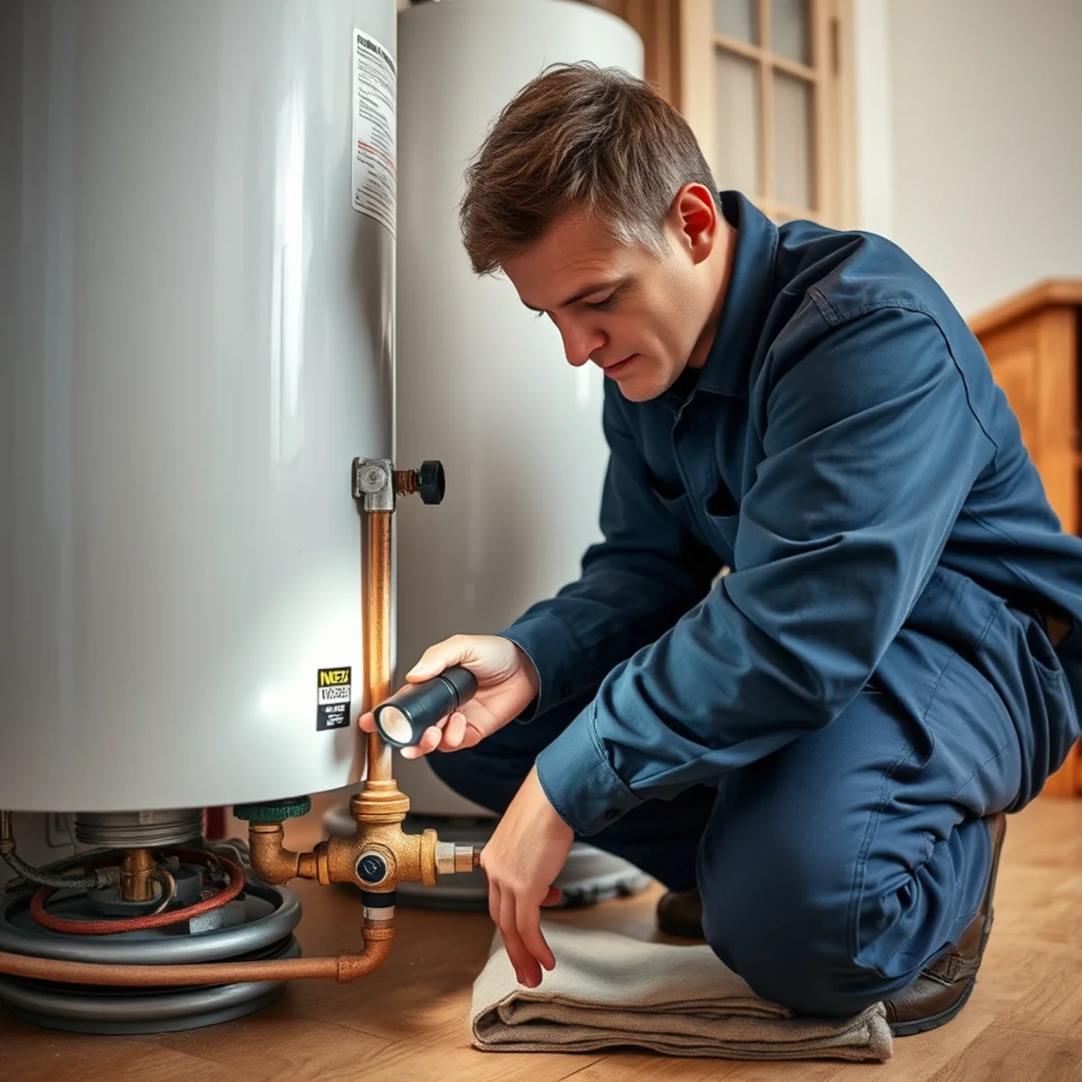 A plumber checking the pilot light and igniter on a gas water heater
