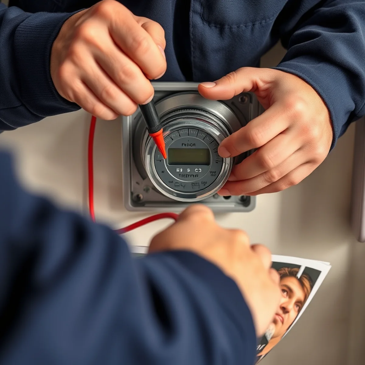 A plumber checking a water heater thermostat with a multimeter