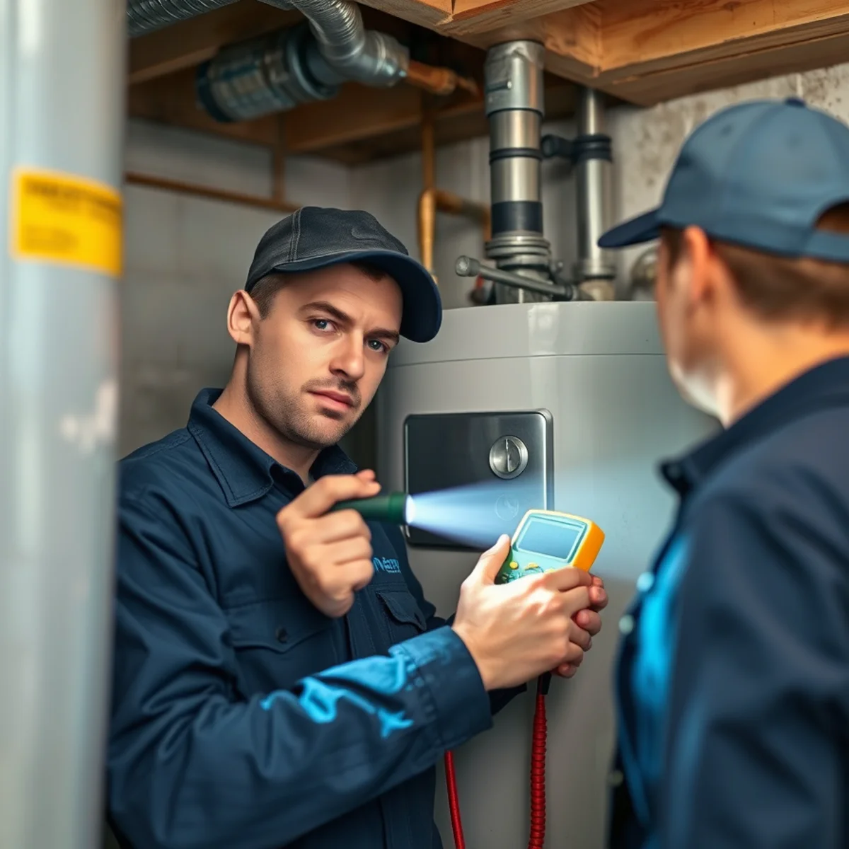 Technician inspecting a residential water heater that stopped making hot water