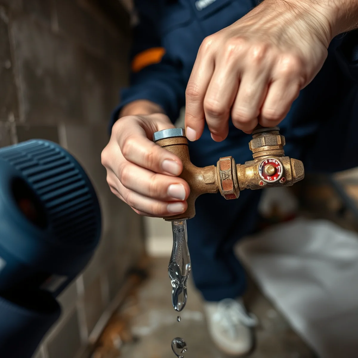 A homeowner's hand shutting off the main water valve during a plumbing emergency