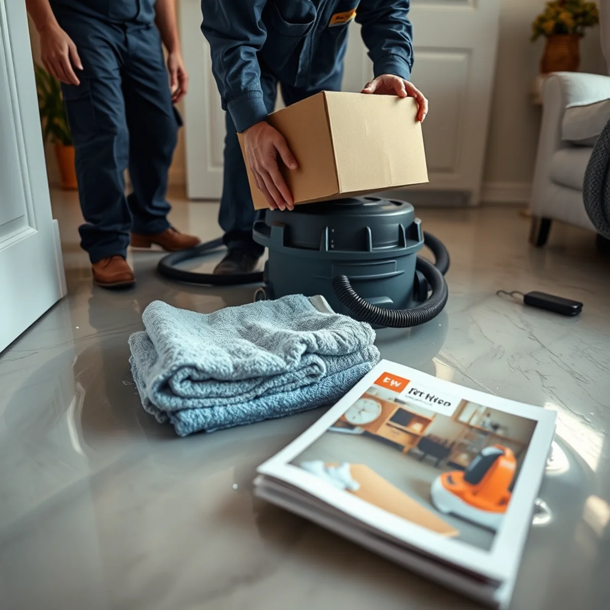 Using towels and a wet vac to contain water and protect belongings