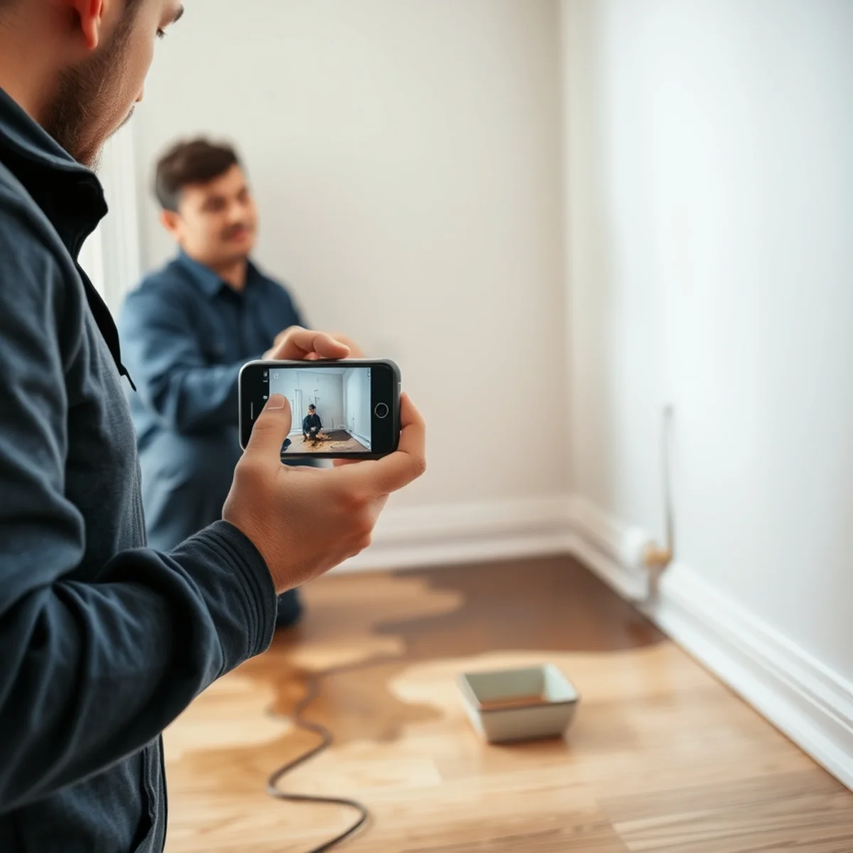 A homeowner photographing water damage for an insurance claim