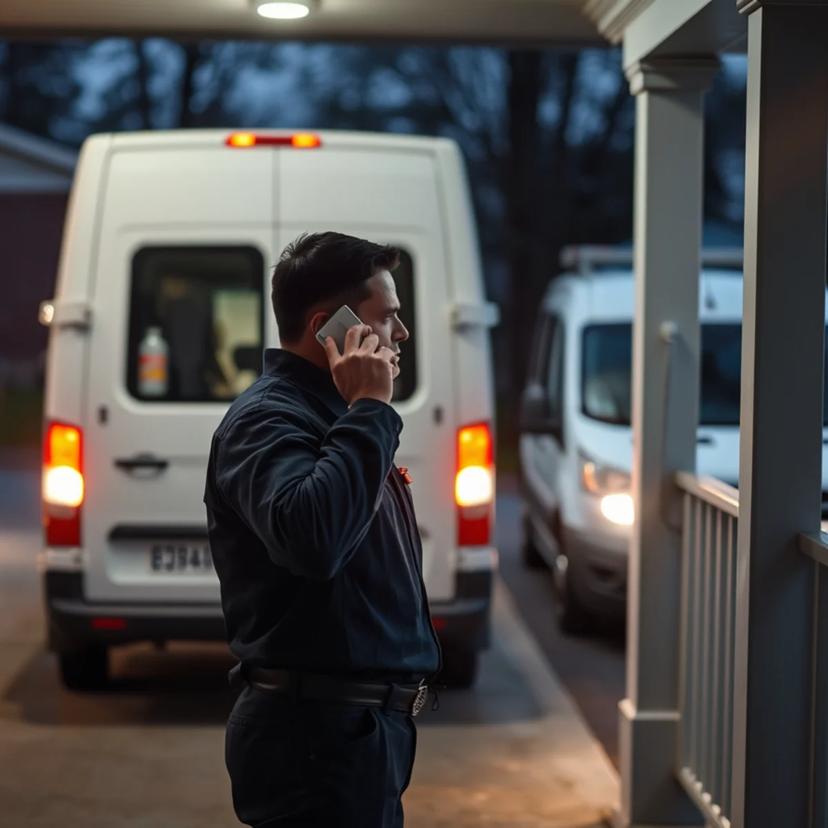 Calling a 24/7 emergency plumber beside the Roto Drains van at night