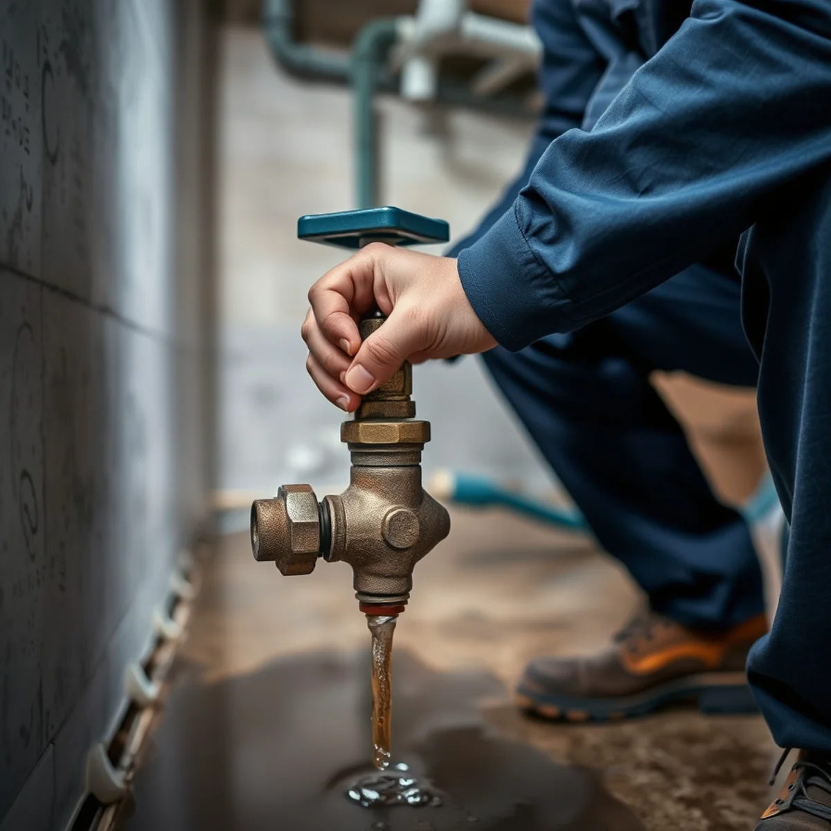 Homeowner shutting off the main water valve during a plumbing emergency in Herkimer NY