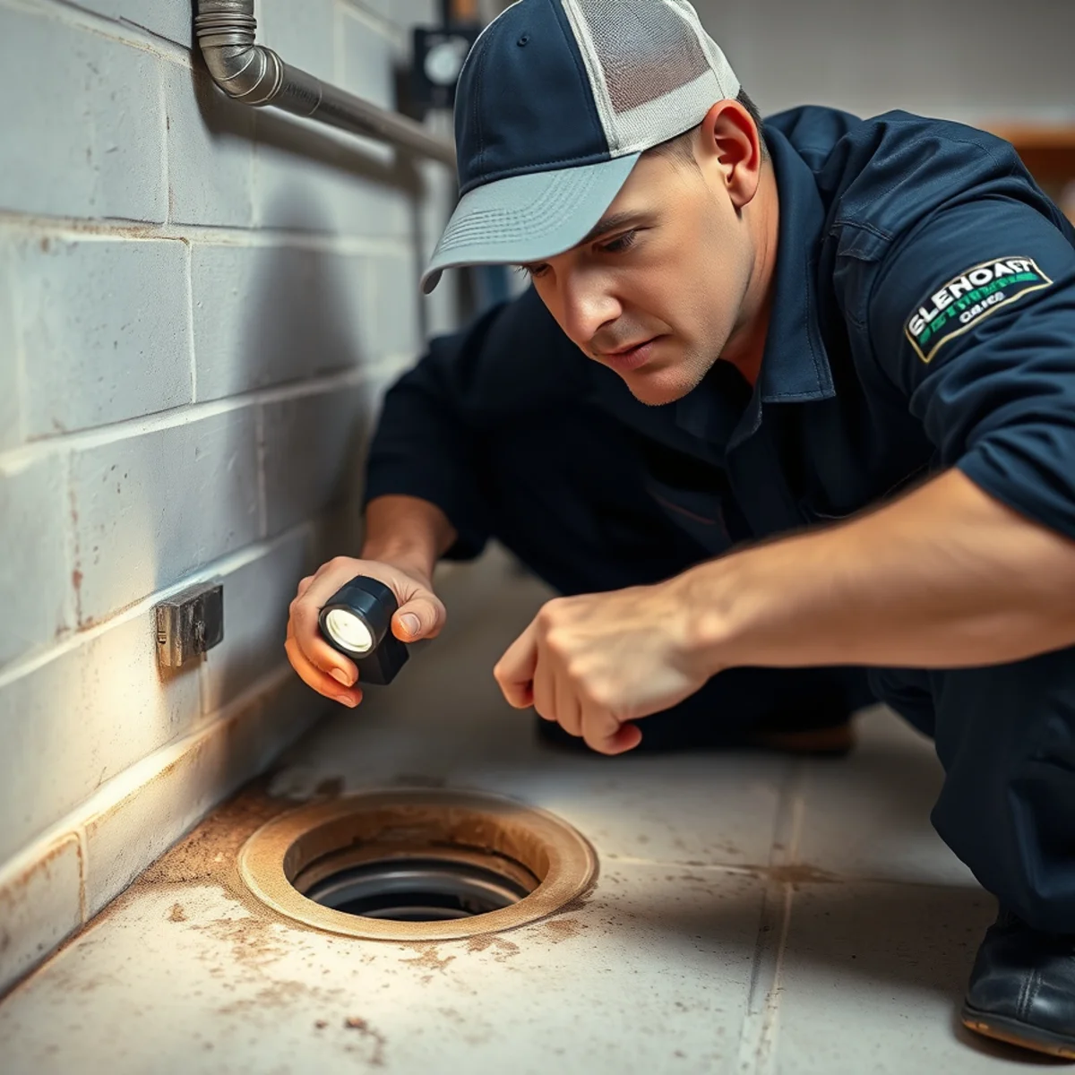 Plumber checking a basement floor drain to trace a sewer smell in a Herkimer home