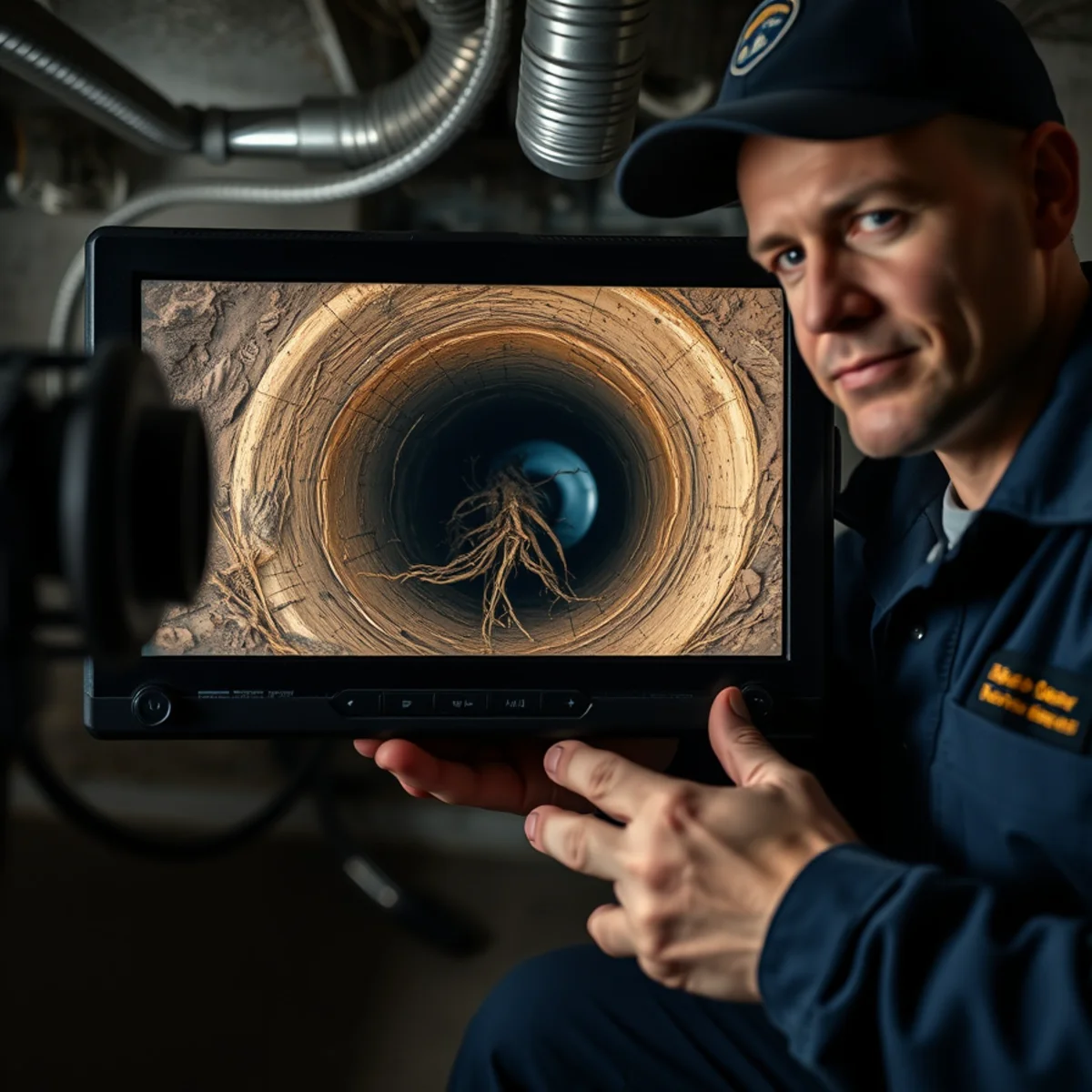 Plumber running a sewer camera inspection on a Herkimer, NY home's buried line