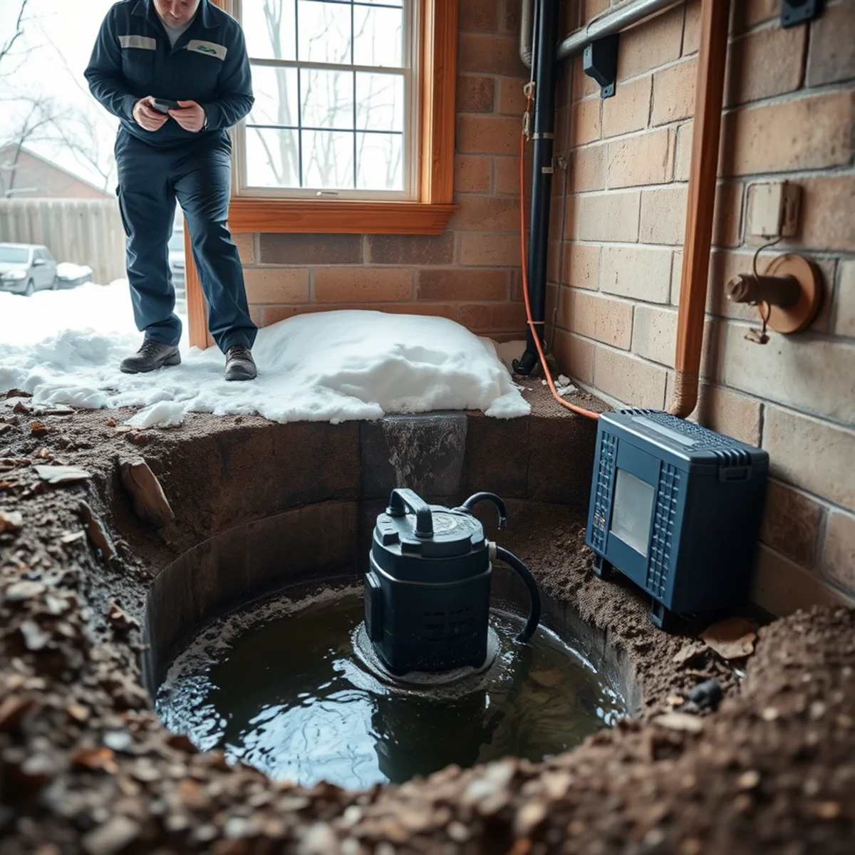 Sump pump running in a Mohawk Valley basement during the spring thaw