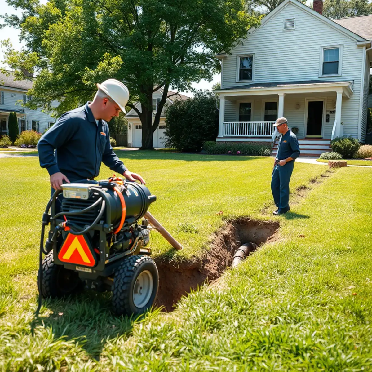 Trenchless sewer repair crew relining a pipe without digging up a Herkimer, NY yard