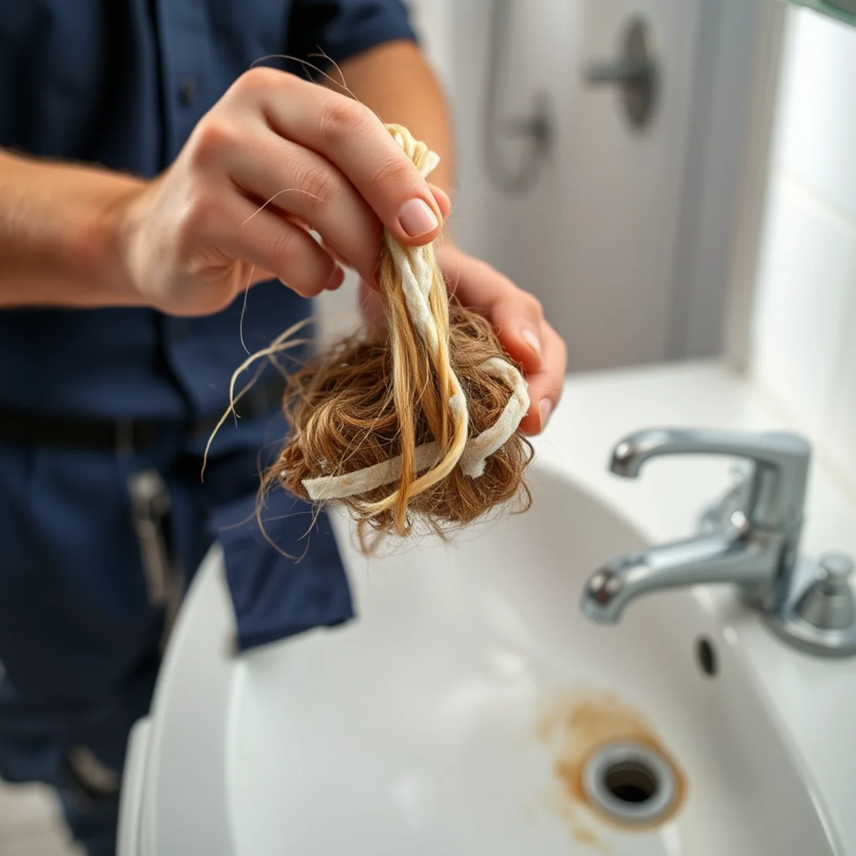 Hair and soap scum clogging a bathroom sink drain in a Herkimer, NY home