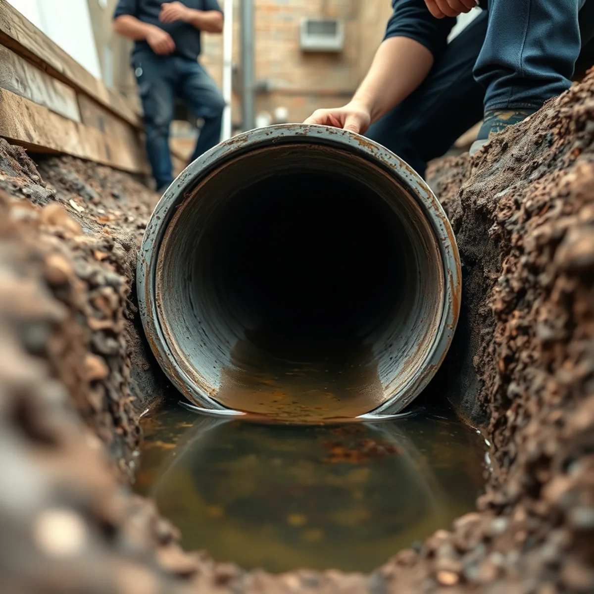 A sagging, bellied section of underground drain pipe holding standing water