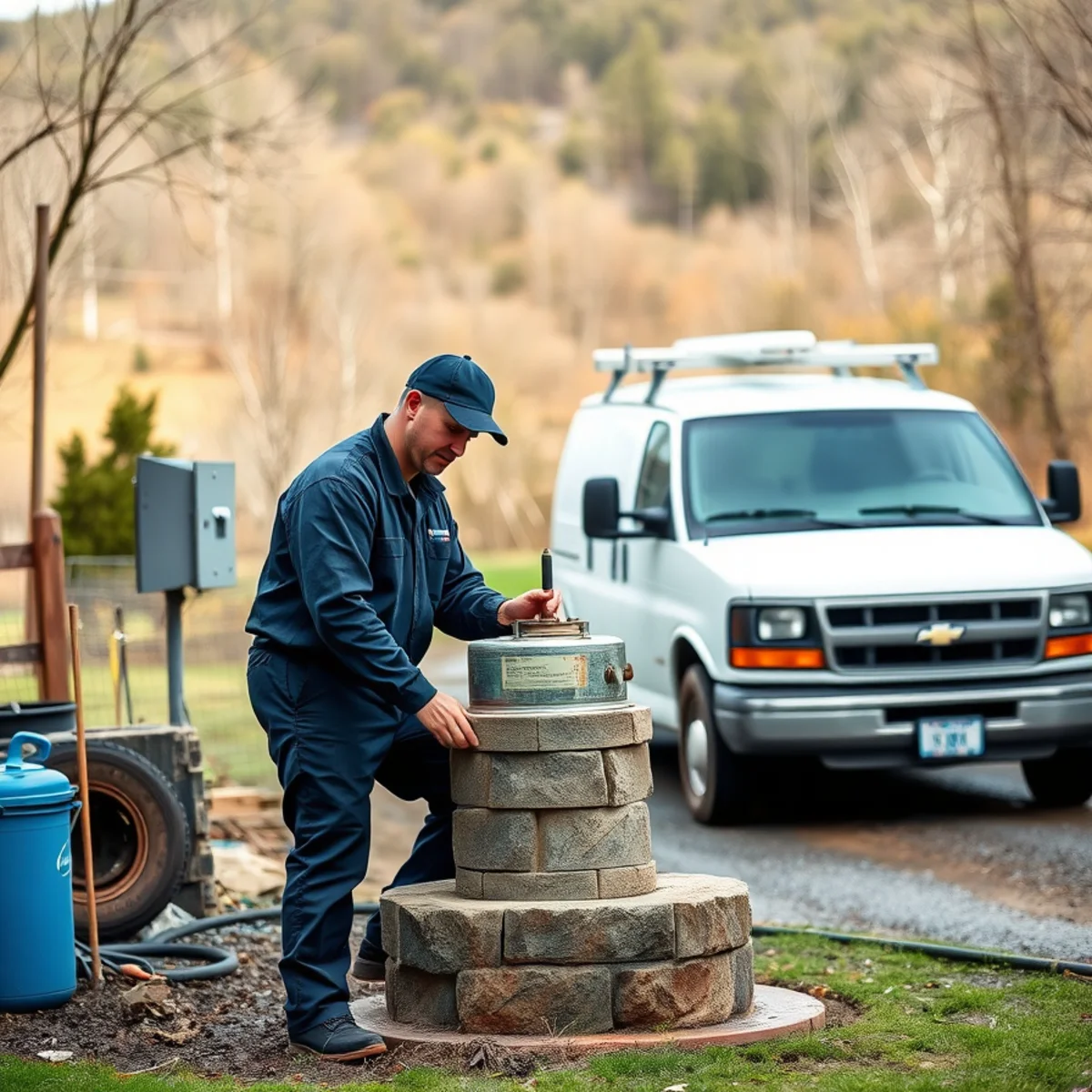 Roto Drains technician servicing a well system in Newport, NY