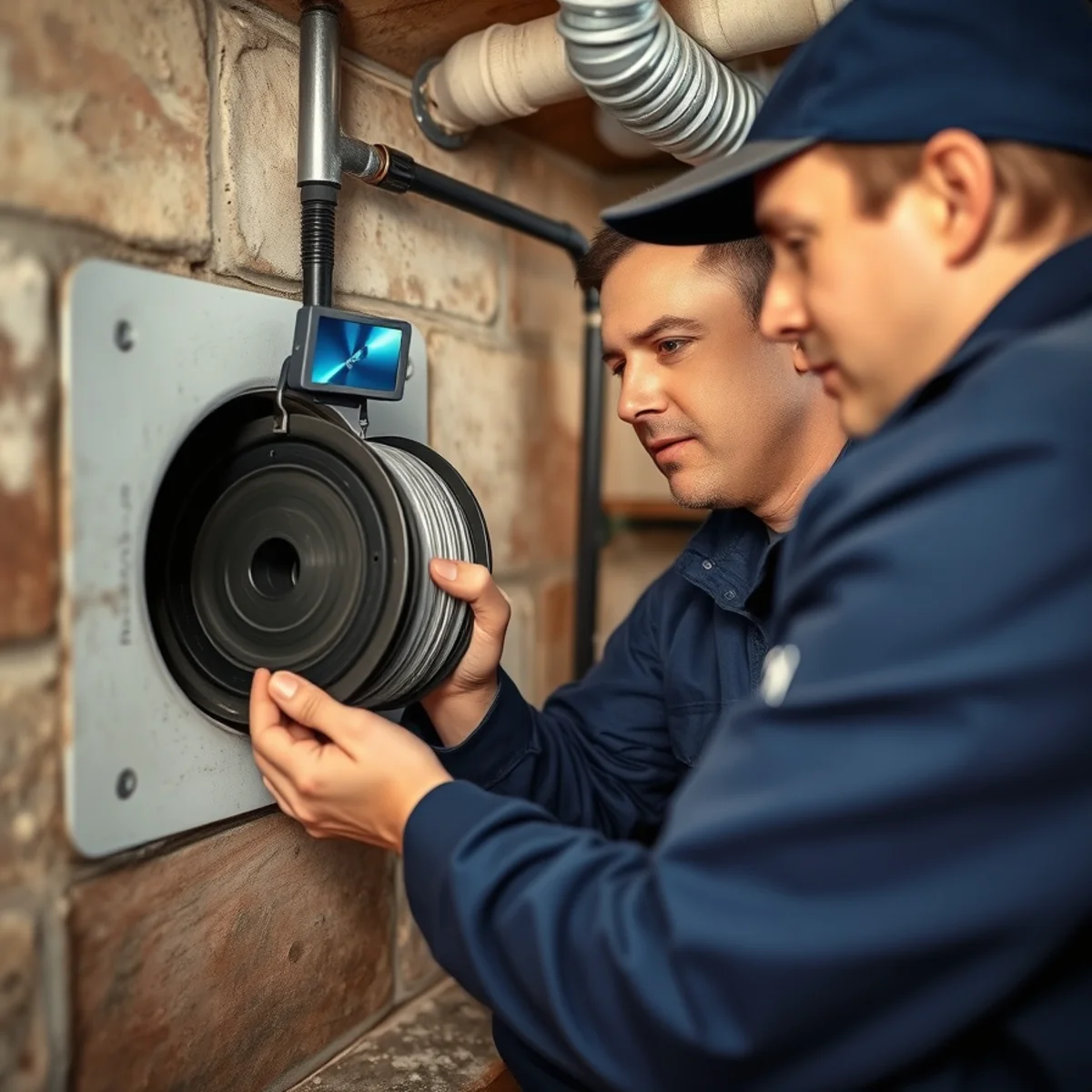Roto Drains technician running a sewer camera inspection in a Herkimer, NY basement