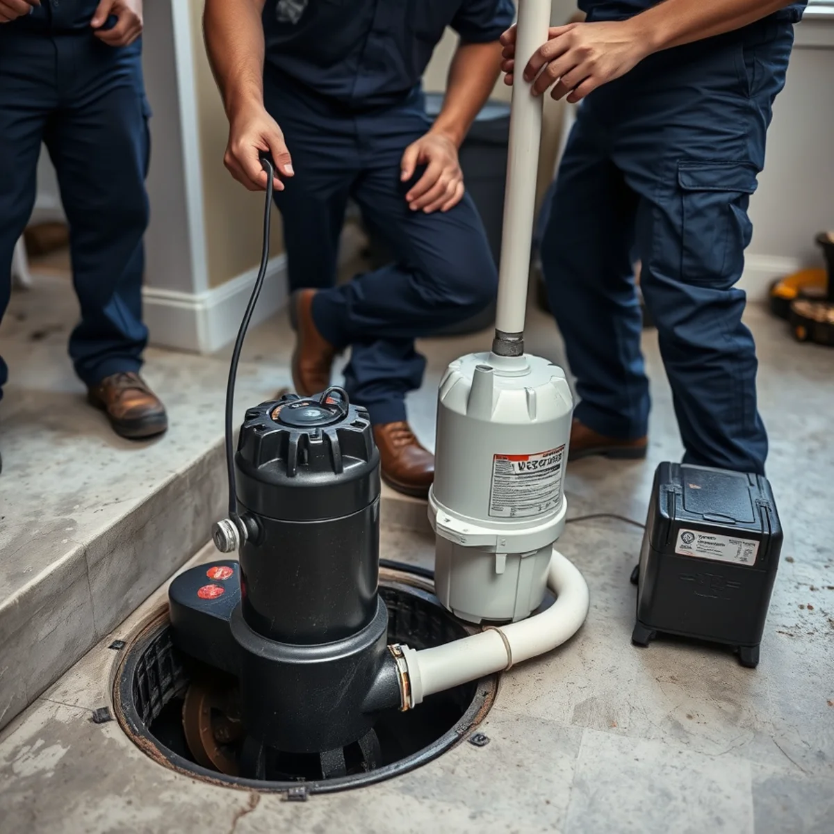 Roto Drains technician installing a sump pump in a Herkimer, NY basement