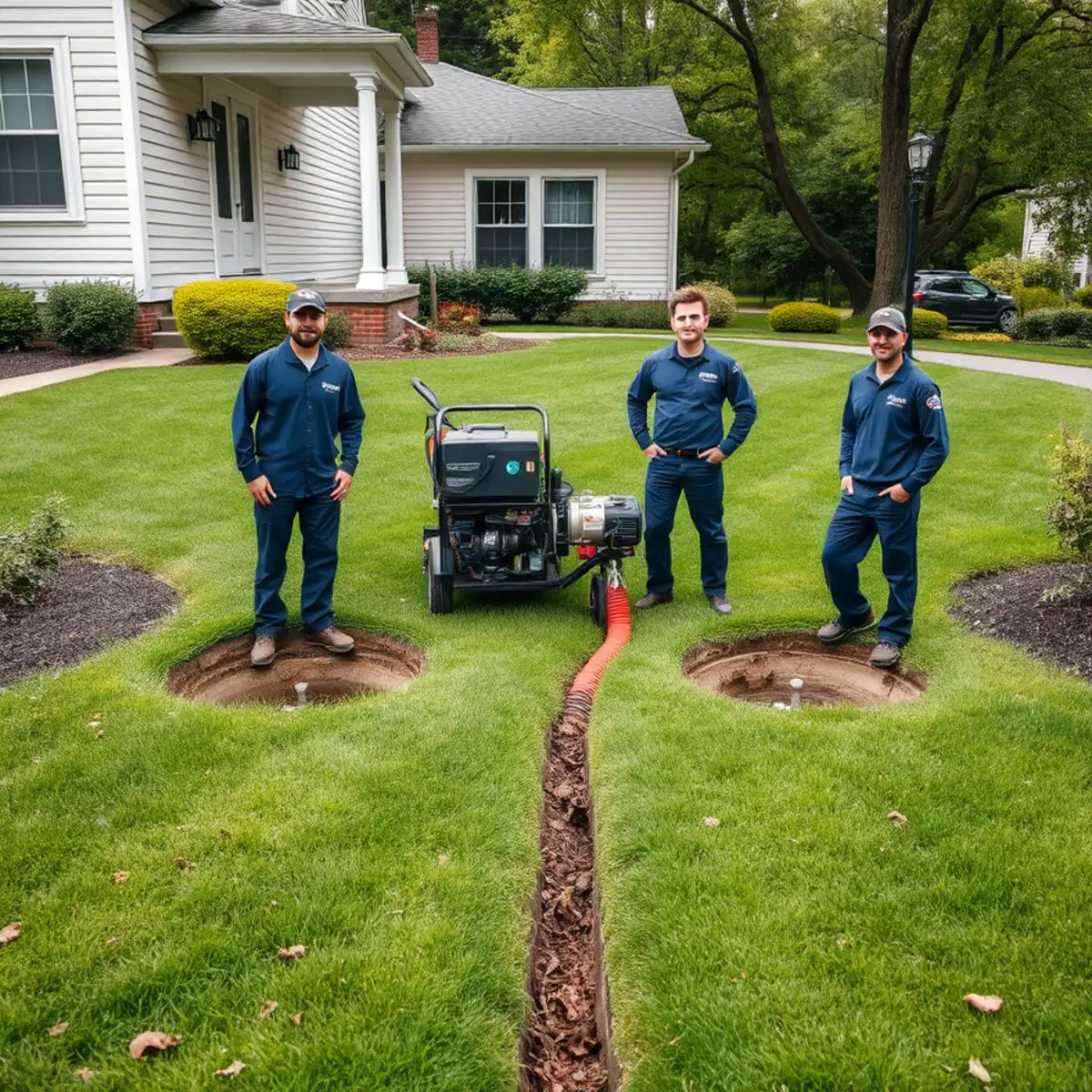 Roto Drains trenchless sewer repair setup with minimal digging at a Herkimer, NY home