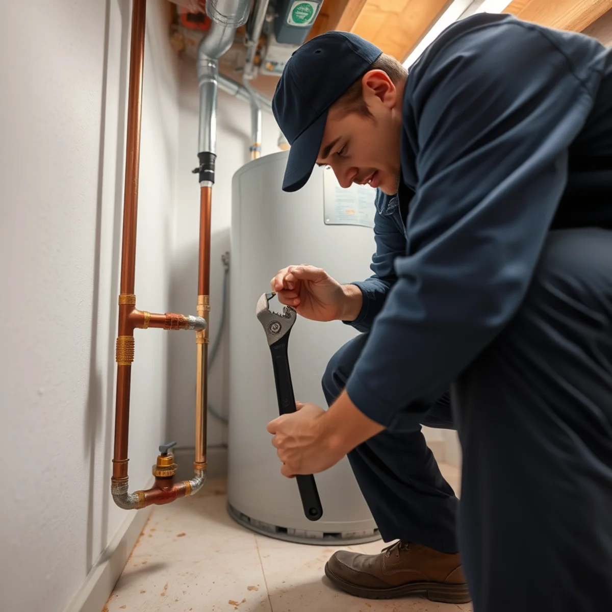 Roto Drains plumber installing a water heater in a Herkimer, NY basement