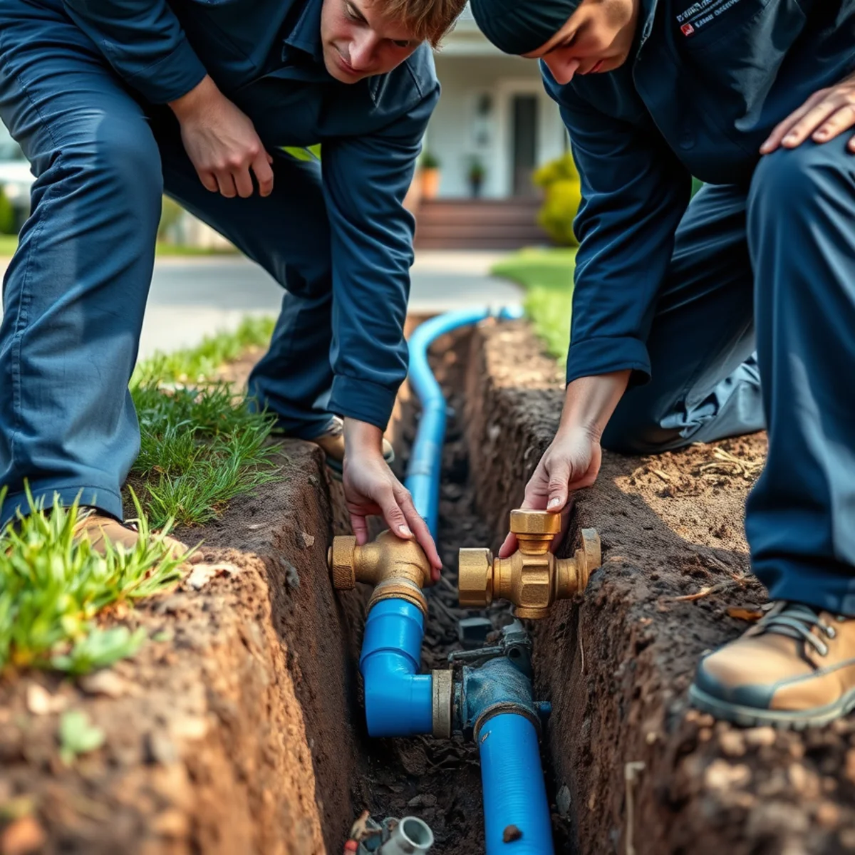 Roto Drains crew repairing a buried water service line at a Herkimer, NY property